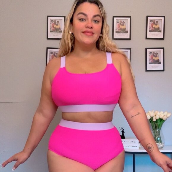 Bikini Set Two Piece High Waisted Scoop Neck Swimsuit Plus Size Pink Purple NEW - Picture 7 of 12
